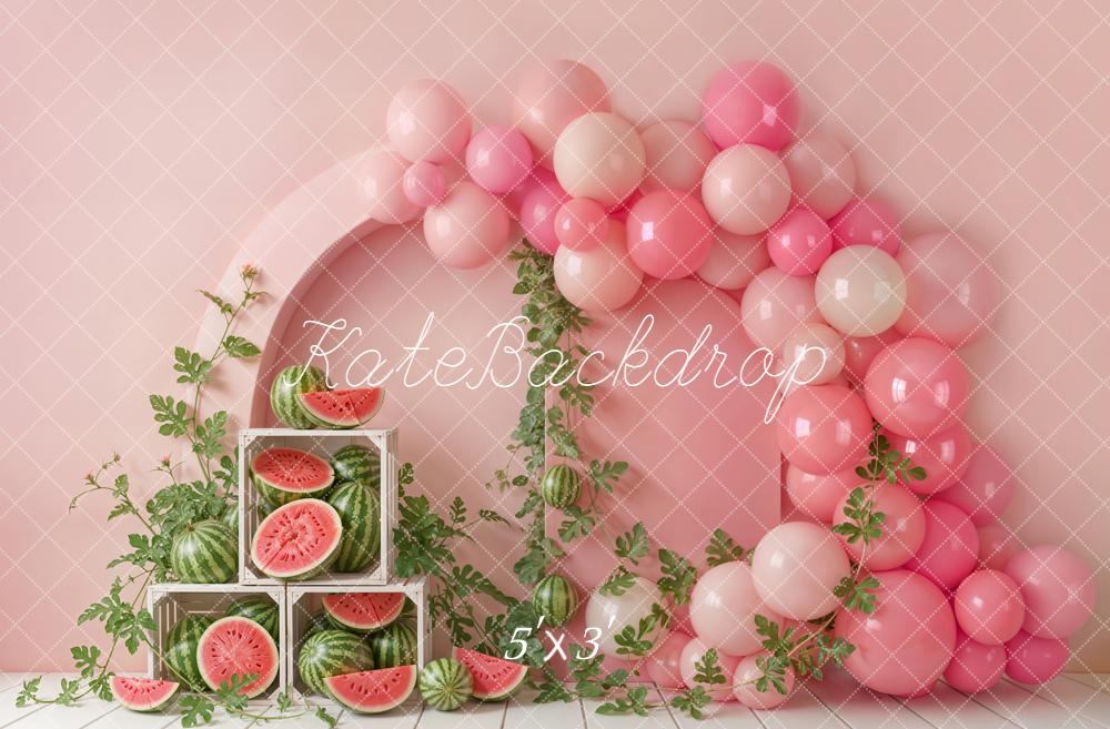 Kate Cake Smash Pink Balloon Arch Watermelon Crate Printed Backdrop Designed by Emetselch
