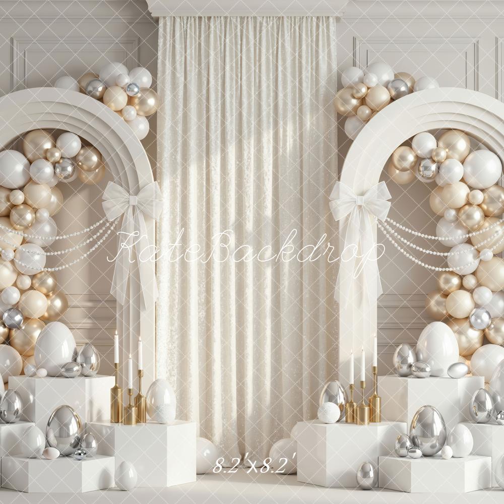 Kate Easter Balloon Arch White Silver Gold Eggs Printed Backdrop Designed by Mini MakeBelieve