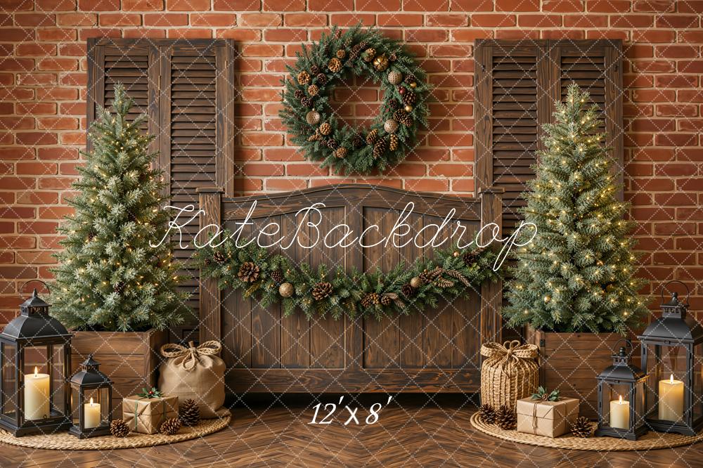 Kate Christmas Headboard Rustic Wood Christmas Tree Wreath Garland Brick Wall Printed Backdrop Designed by Emetselch