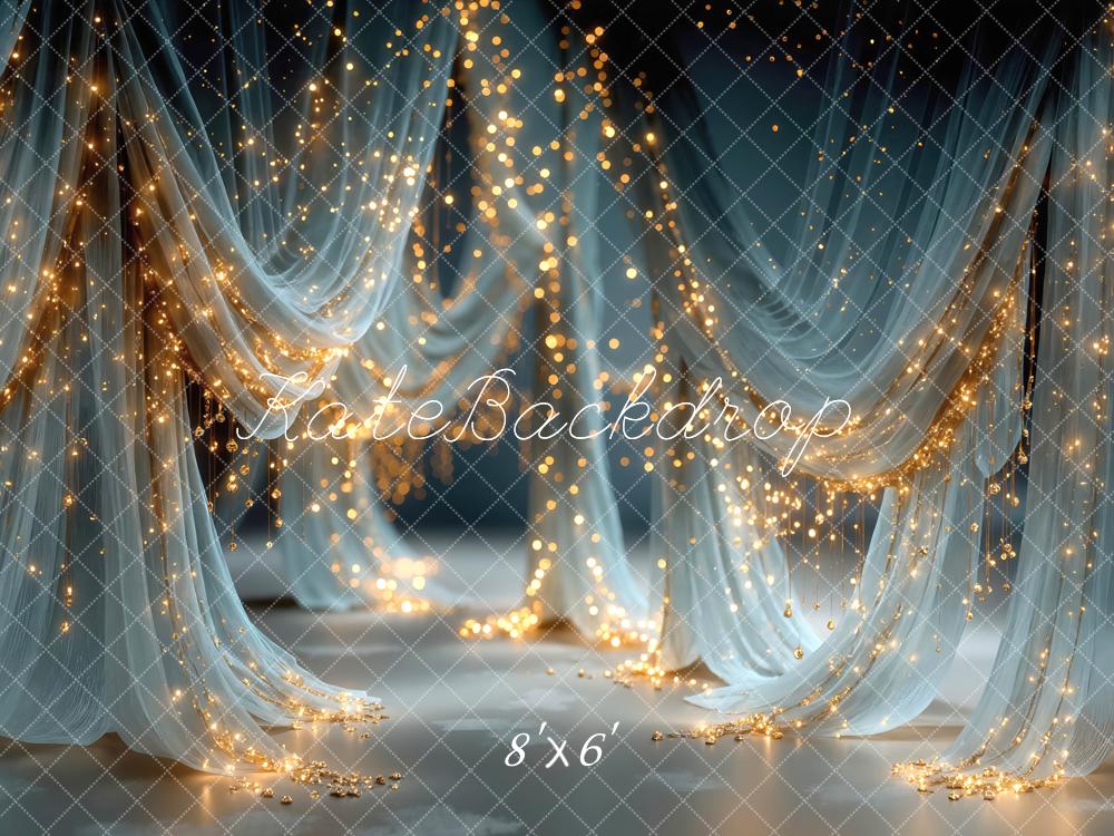 Kate Blue Drapes String Lights Printed Backdrop Designed by Mini MakeBelieve