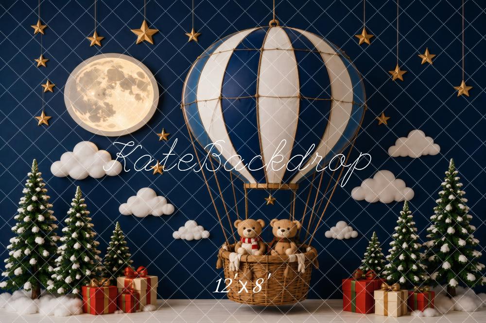 Kate Christmas Hot Air Balloon Full Moon Teddy Bear Printed Backdrop Designed by Vertigo Productions