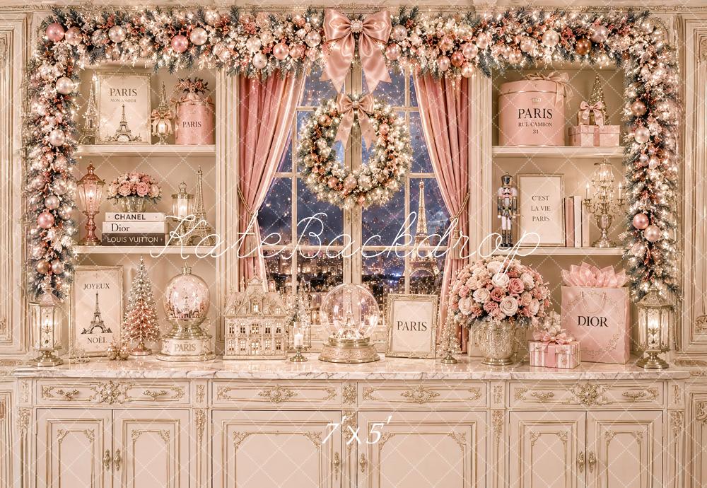 Kate Christmas Pink Paris Kitchen Cabinet Elegant Printed Backdrop Designed by Ashley Paul