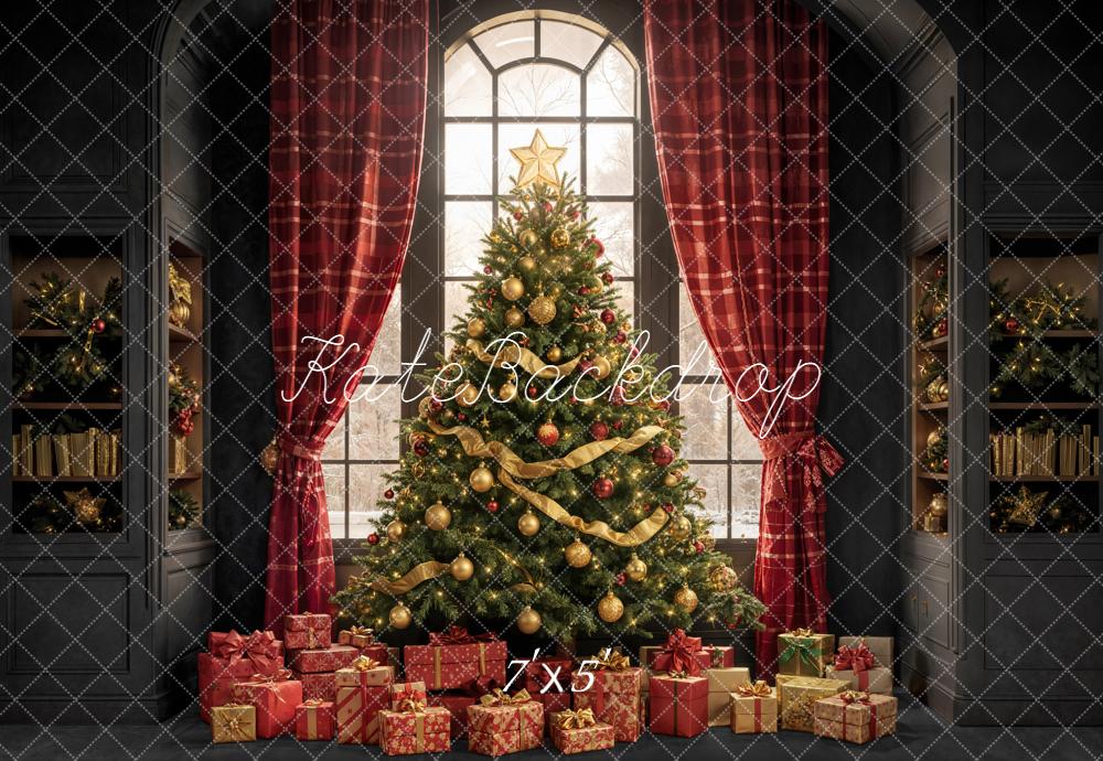 Kate Christmas Tree Red Plaid Curtains Window Gifts Backdrop Designed by Emetselch