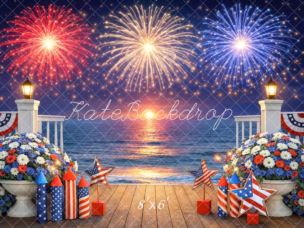 Kate 4th Of July Fireworks Ocean Deck Floral Printed Backdrop Designed by Mini MakeBelieve