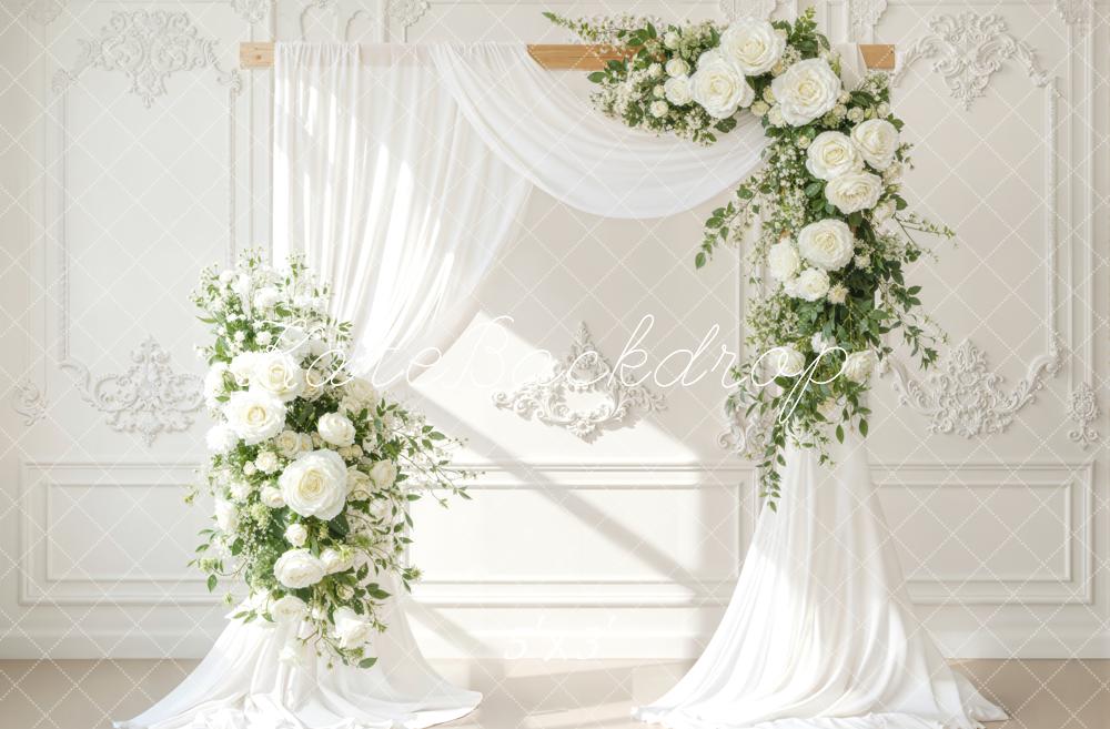 Kate Spring Wedding Flower Arch White Drapes Backdrop Designed by Emetselch
