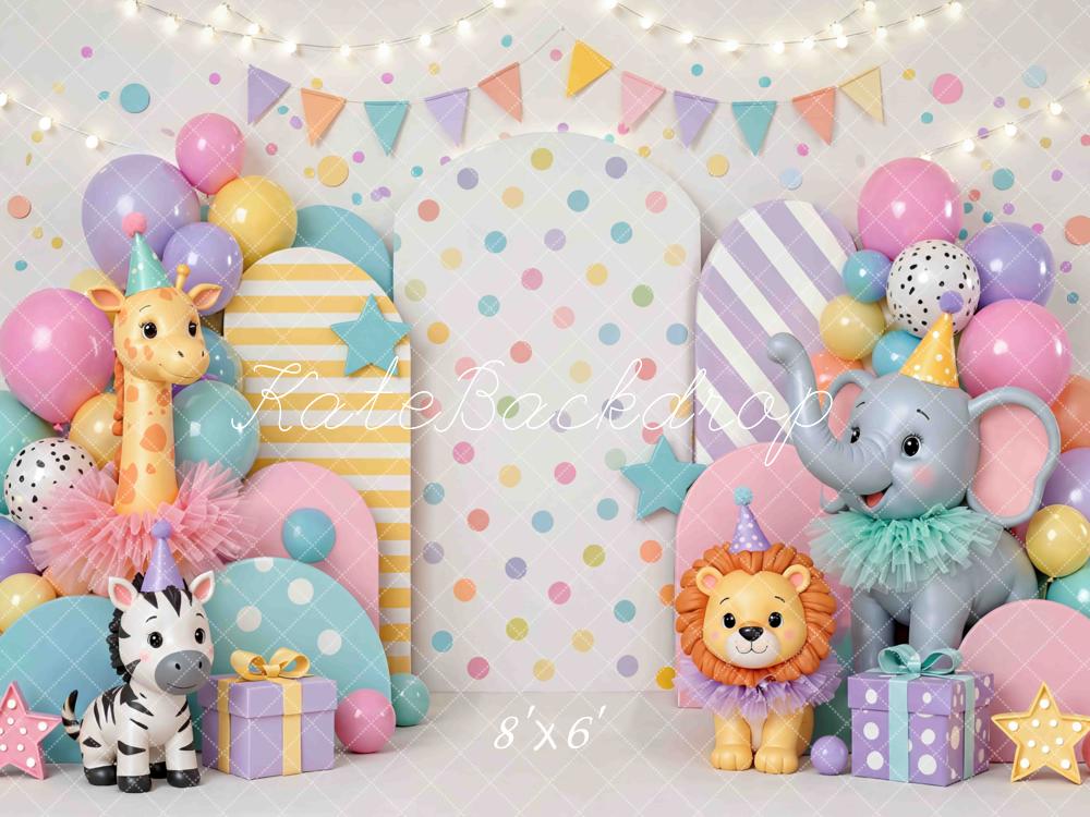 Kate Cake Smash Circus Animal Balloons Stars Pastel Printed Backdrop Designed by Mini MakeBelieve