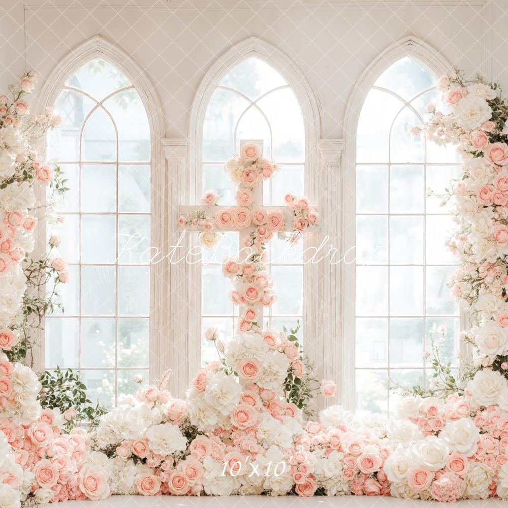 Romantische Bloemen Trouwen Cross Arched Window Foto Achtergrond Designed by Emetselch