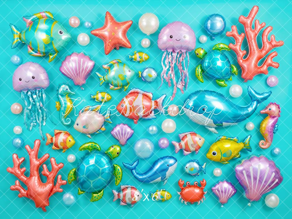 Kate Under the Sea Fish Turtle Shell Coral Balloons Blue Printed Backdrop Designed by Patty Roberts