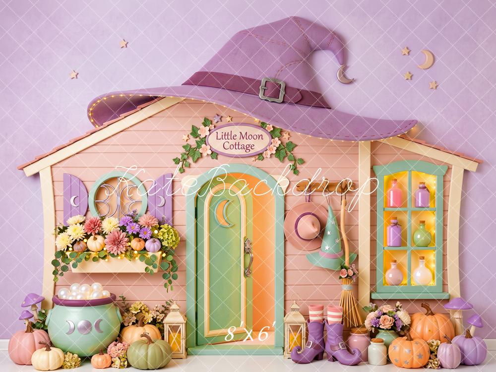 Kate Halloween Purple Witch Cottage Pumpkins Kids Printed Backdrop Designed by Patty Roberts