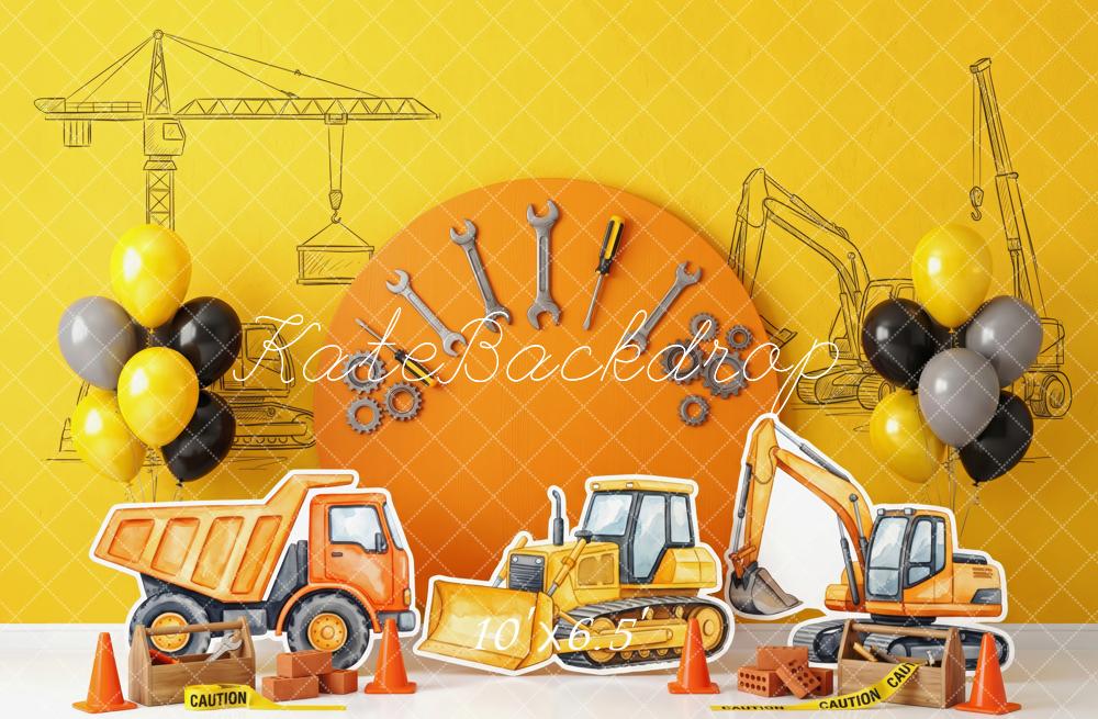 Kate Cake Smash Construction Trucks Tools Balloons Little Builders Printed Backdrop Designed by Patty Roberts
