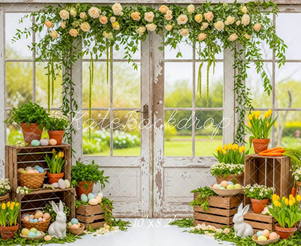 Kate Easter Bunny Eggs Flower Crates Rustic Window Backdrop Designed by Patty Roberts