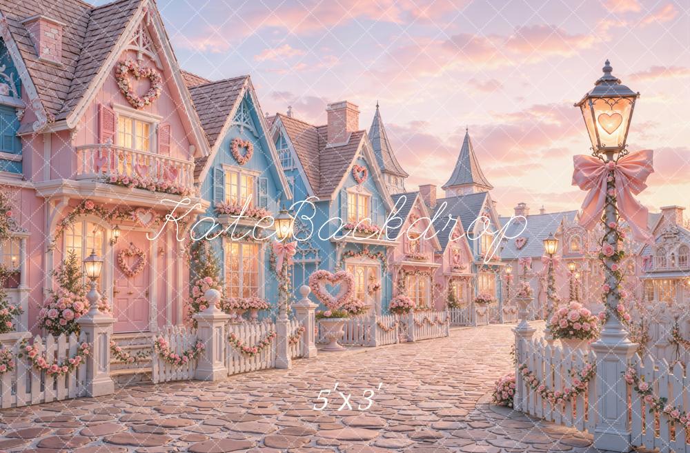 Kate Valentine's Day Street Pink Heart Cottage Village Printed Backdrop Designed by Chain Photography