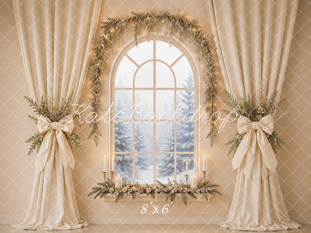 Kate Christmas Beige Drapes Flower Arch Window Printed Backdrop Designed by Emetselch