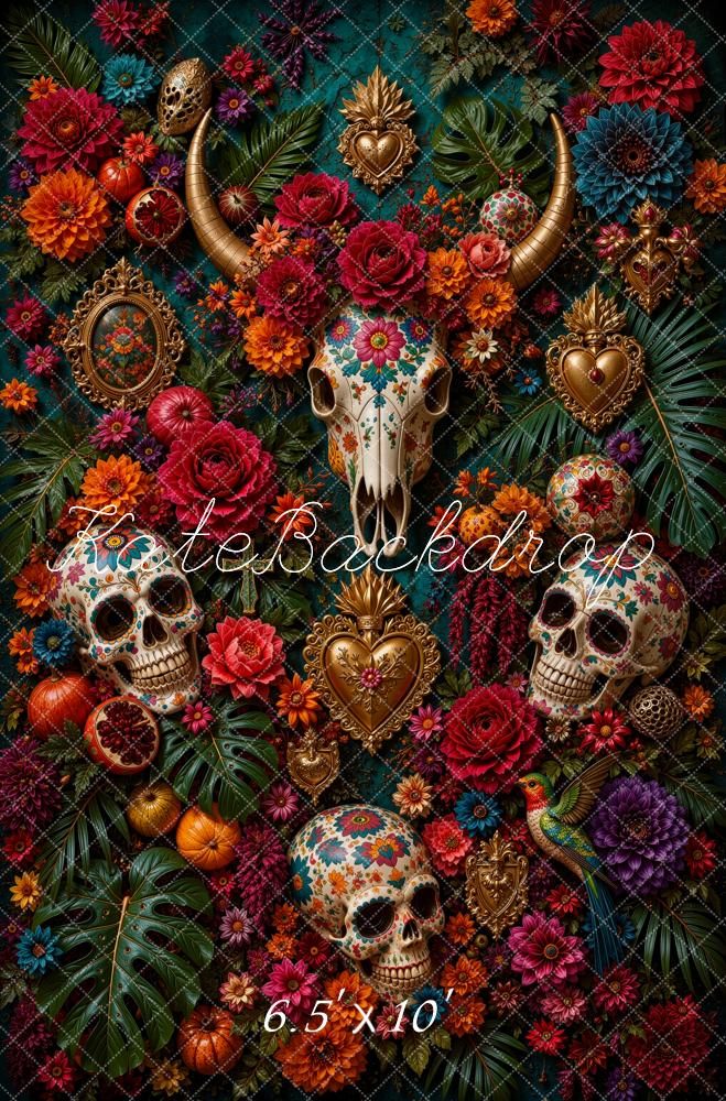 Kate Mexican Day Of The Dead Fine Art Skulls Floral Horns Printed Backdrop Designed by Ashley Ward