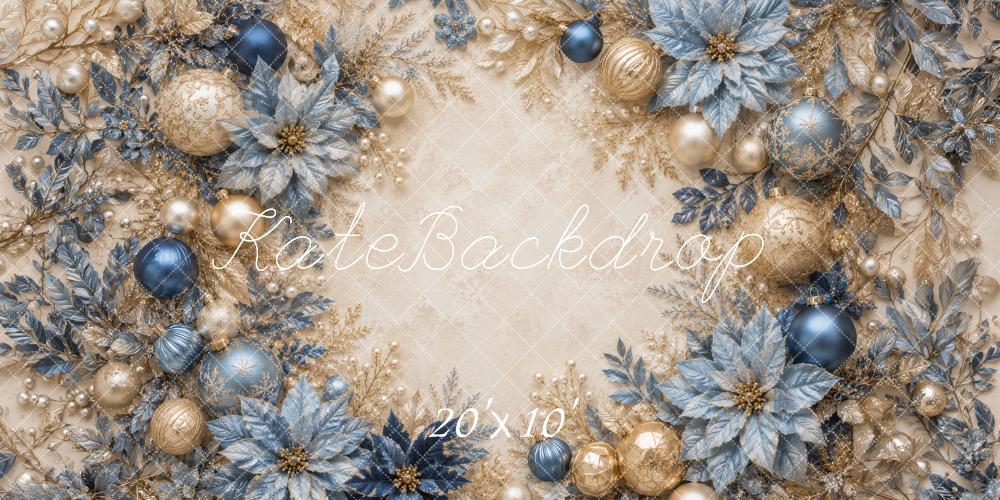 Kate Christmas Blue Gold Ornaments Poinsettias Garland Printed Backdrop Designed by Megan Leigh Photography