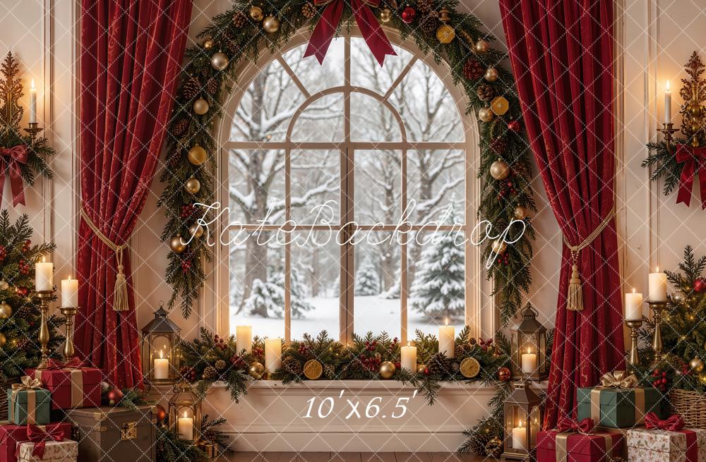 Kate Christmas Indoor Arched Window Red Curtain Garland Snowy Printed Backdrop Designed by Emetselch