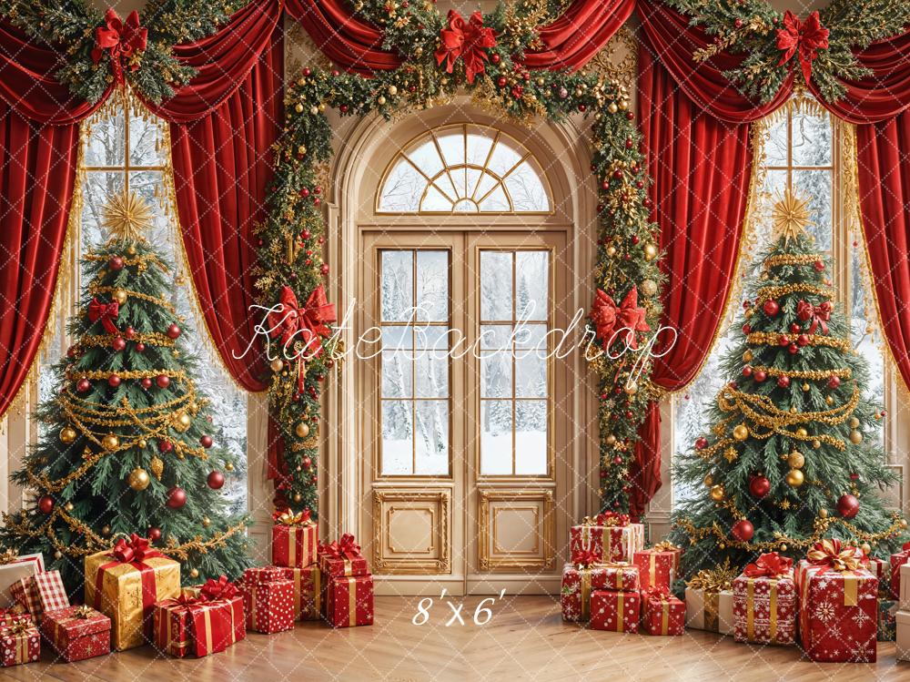 Kate Christmas Tree Red Curtain Arched Door Printed Backdrop Designed by Emetselch