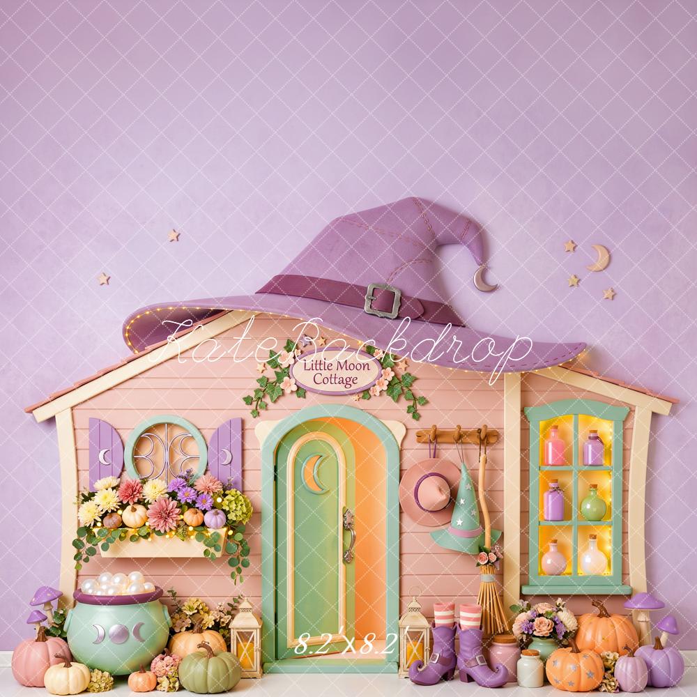Kate Halloween Purple Witch Cottage Pumpkins Kids Printed Backdrop Designed by Patty Roberts