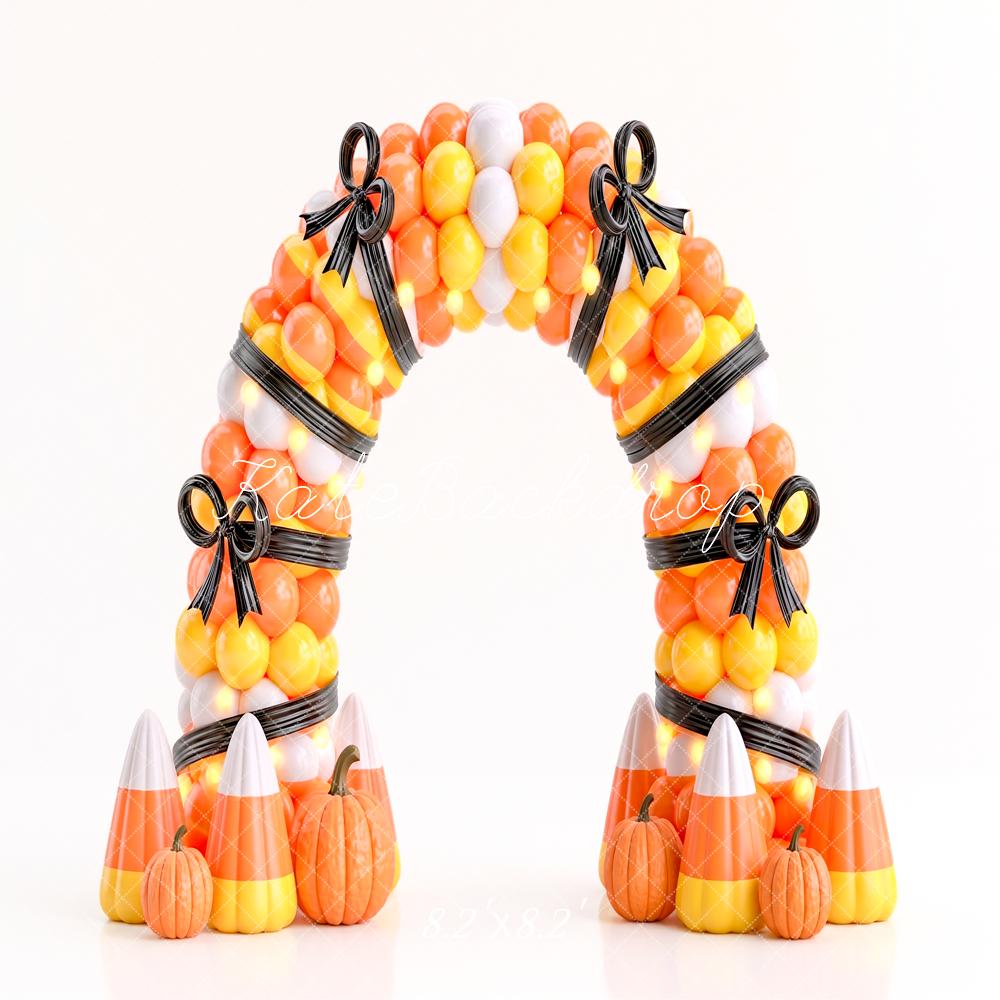 Kate Halloween Birthday Candy Corn Balloon Arch Pumpkins Bow Printed Backdrop Designed by Angela Miller