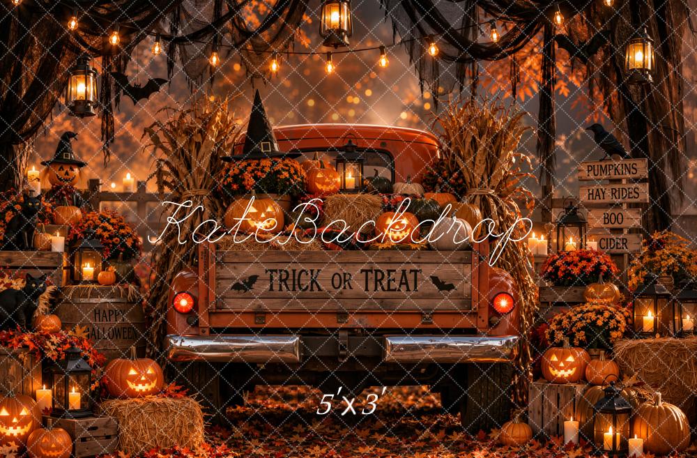 Kate Halloween Orange Vintage Truck Pumpkins Hay Bales Lanterns Printed Backdrop Designed by Emetselch