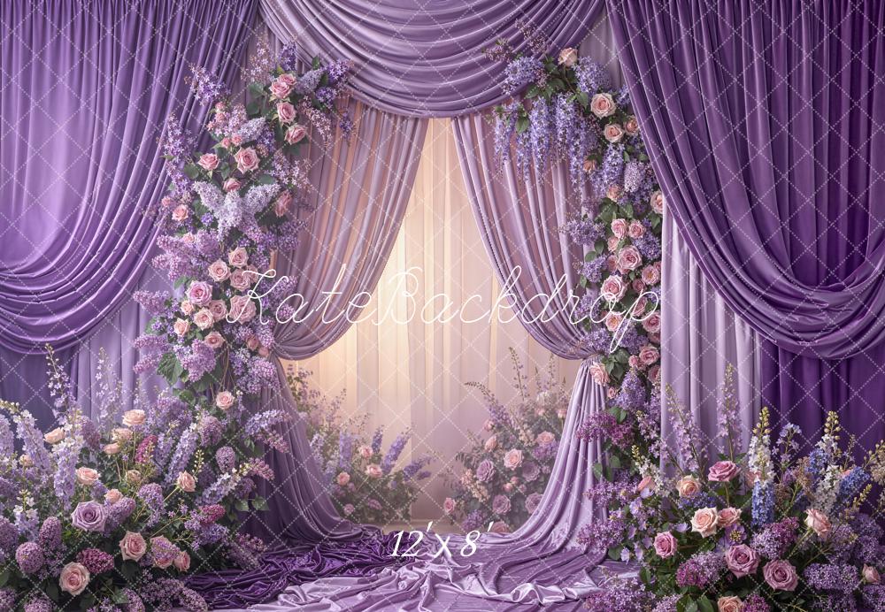 Kate Spring Purple Drapes Flower Arch Printed Backdrop Designed by Emetselch