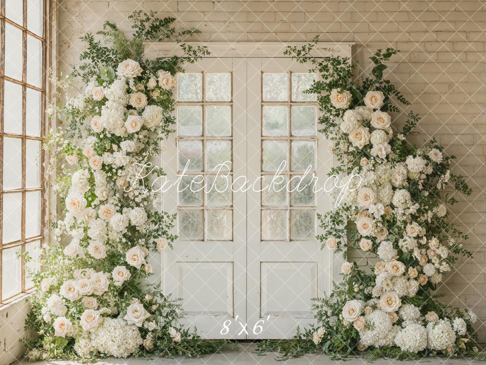 Kate Spring Flower Arch French Doors Beige Wall Printed Backdrop Designed by Emetselch