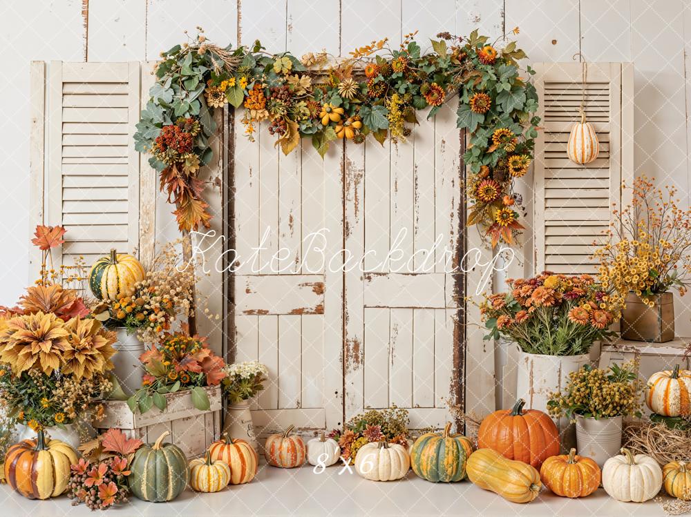 Kate Fall Pumpkins Floral White Door Leaves Backdrop Designed by Emetselch