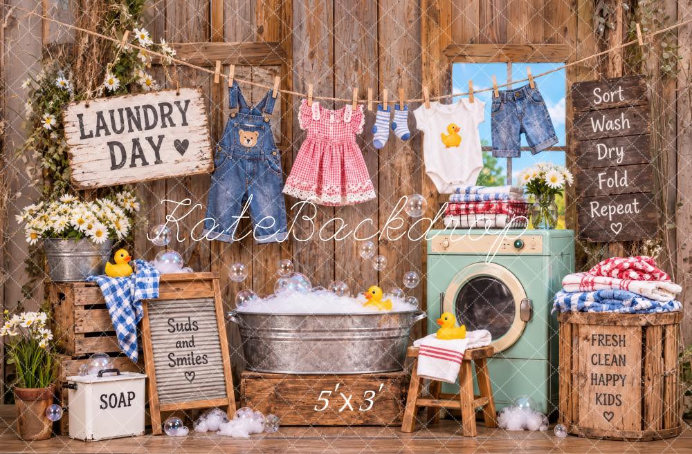 Kate Rustic Laundry Day Kids Clothesline Washing Machine Printed Backdrop Designed by Laura Bybee