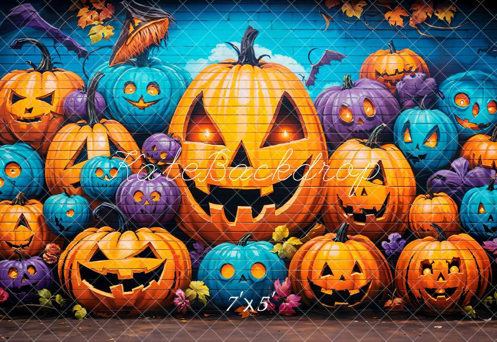 Kate Halloween Graffiti Wall Pumpkin Lanterns Printed Backdrop Designed by Emetselch