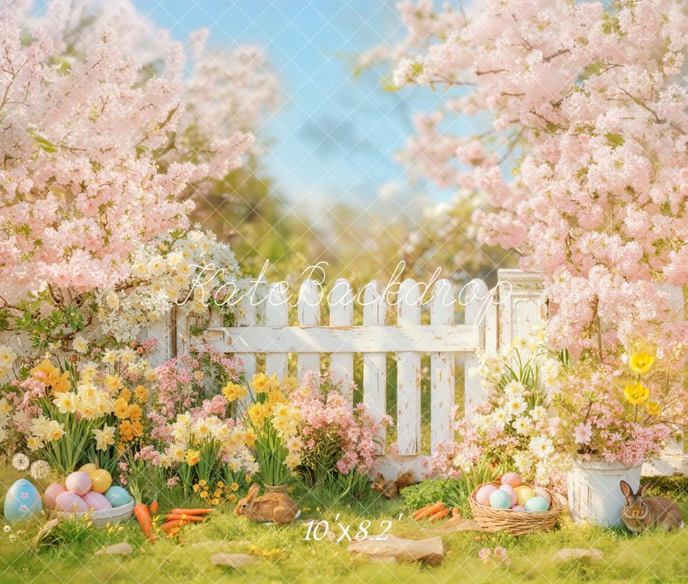 Kate Easter Spring Bunny Pink Blossoms White Fence Flowers Backdrop Designed by Emetselch