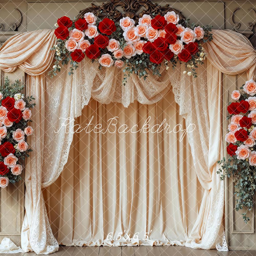 Kate Valentines Flower Arch Beige Drapes Red Roses Backdrop Designed by Mini MakeBelieve