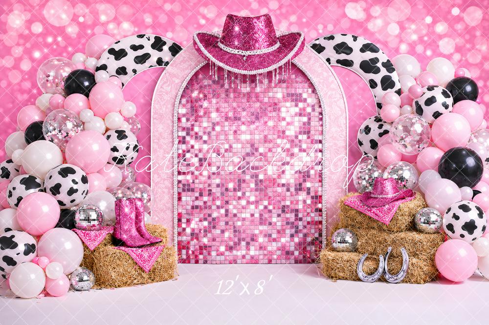 Kate Birthday Pink Cowgirl Disco Balloon Arch Printed Backdrop Designed by Ashley Paul