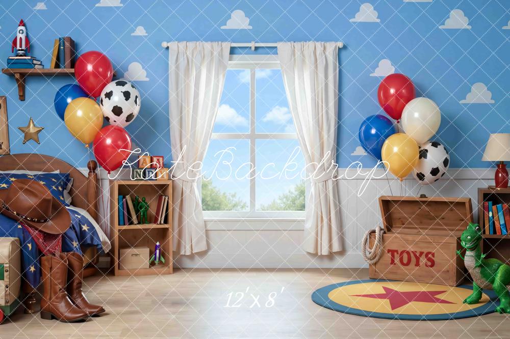 TEST Kate Cowboy Toy Bedroom Blue Cloud Wall Printed Backdrop Designed by Mini MakeBelieve