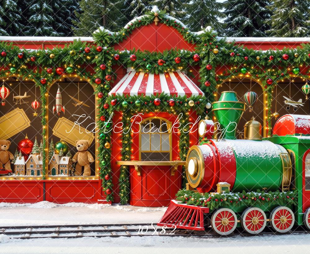 Kate Christmas Polar Train Toy Shop Red Garland Snow Printed Backdrop Designed by Mini MakeBelieve