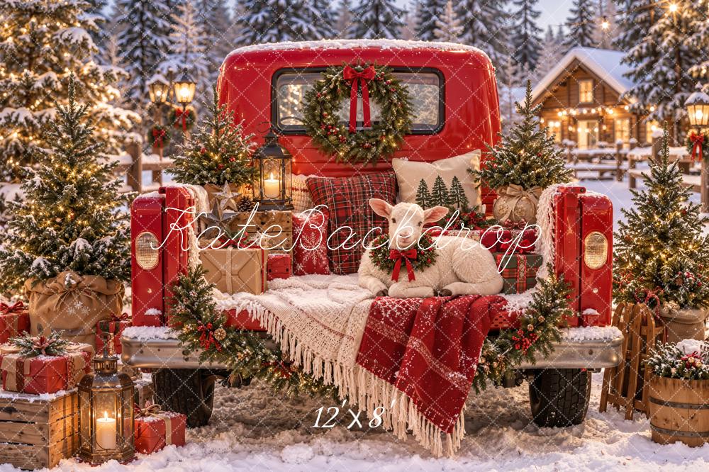 Kate Christmas Red Truck Sheep Gifts Snowy Trees Cabin Printed Backdrop Designed by Emetselch