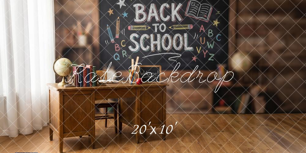 Kate Back to School Chalkboard Desk Globe Books Printed Backdrop Designed by Happy Squirrel Design