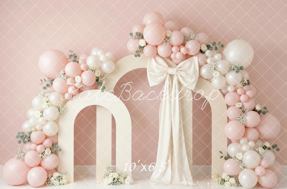 Kate Cake Smash Pink Balloon Arch Bow Flowers Printed Backdrop Designed by Patty Roberts