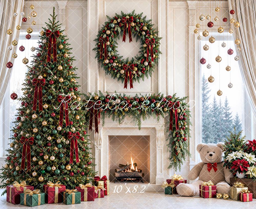 Kate Christmas Tree Wreath Fireplace Ornaments Printed Backdrop Designed by Mini MakeBelieve