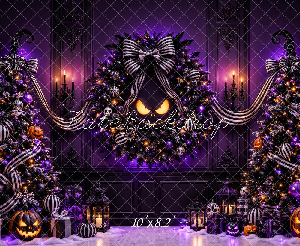 Kate Halloween Purple Christmas Trees Jack O Lantern Wreath Printed Backdrop Designed by Megan Leigh Photography
