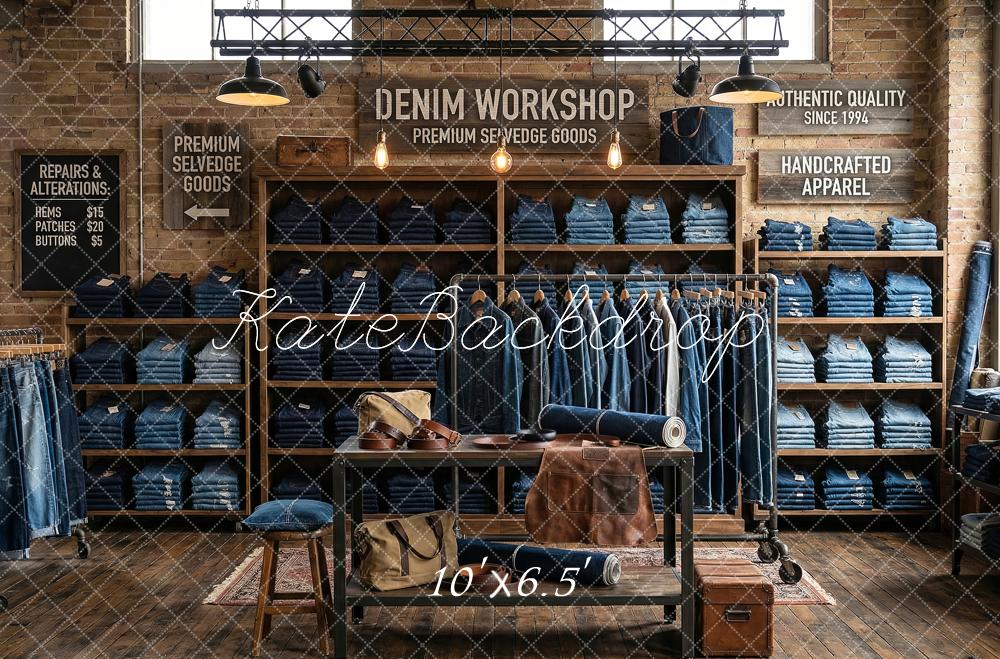 Kate Denim Workshop Brick Wall Shelves Printed Backdrop Designed by Patty Roberts