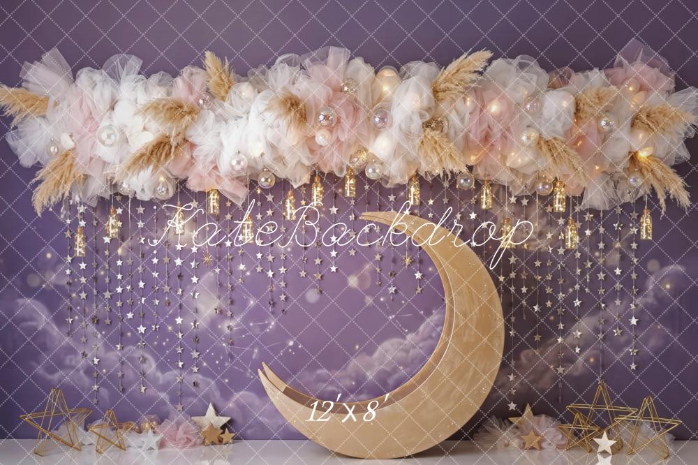 Kate Birthday Purple Celestial Crescent Moon Floral Arch Printed Backdrop Designed by Patty Roberts