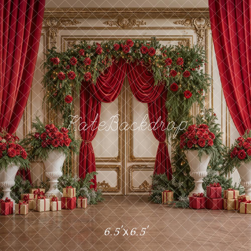 Kate Christmas Red Flower Arch Presents Gold Wall Backdrop Designed by Emetselch