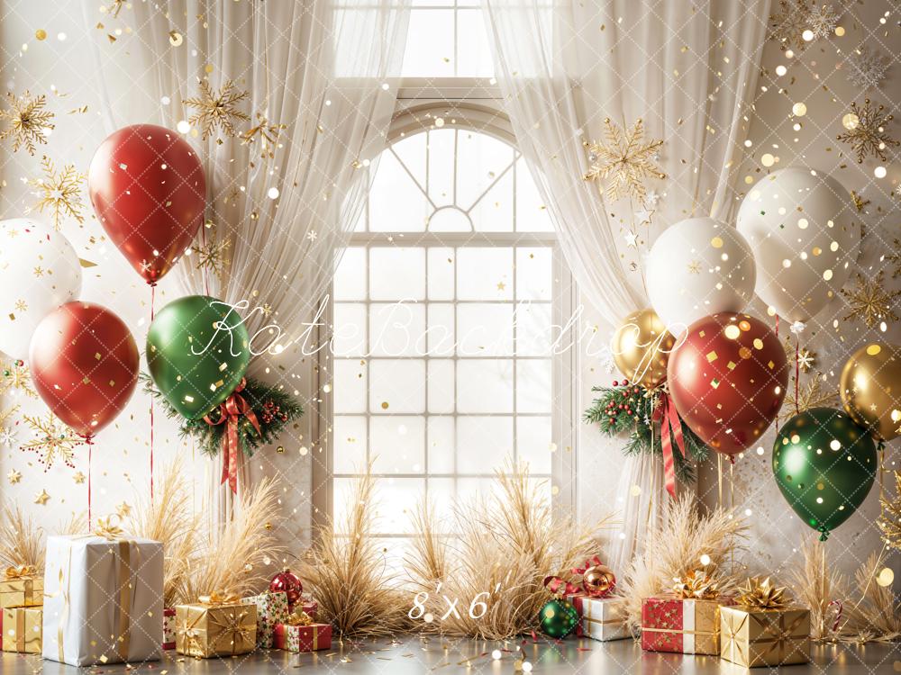 Fondo de Ventana Arqueada Navideña Rojo Verde con Globos y Regalos diseñado por Emetselch