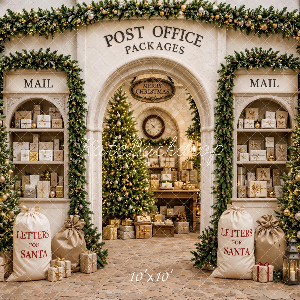 Kate Christmas Post Office Trees Gifts Mailboxes White Printed Backdrop Designed by Emetselch