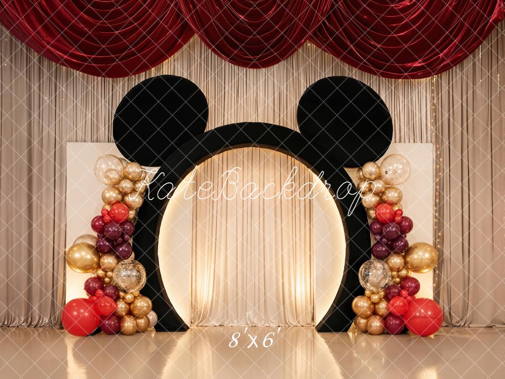 Kate Cake Smash Mouse Ears Balloon Arch Red Gold Drapes Backdrop Designed by Chain Photography