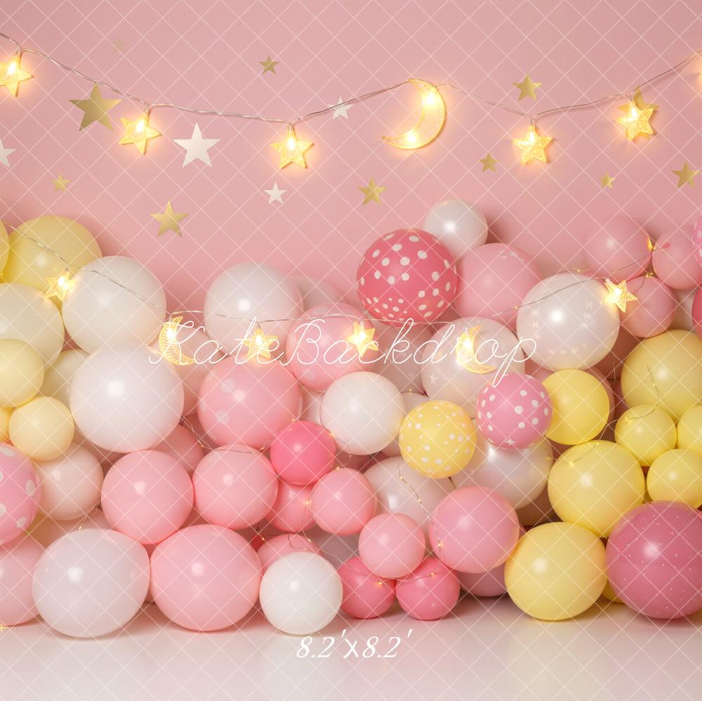 Kate Cake Smash Pink Balloon Wall With Star String Lights Printed Backdrop Designed by Emetselch
