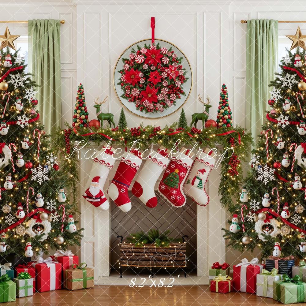 Kate Christmas Trees Snowman Fireplace Stockings Gifts Wreath Printed Backdrop Designed by Mini MakeBelieve