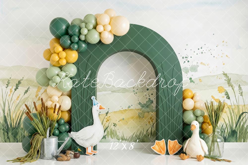 Kate Spring Birthday Green Garden Arch Geese Balloon Garland Printed Backdrop Designed by Patty Roberts