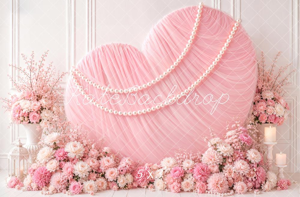 Kate Valentine's Day Pink Chiffon Heart Pearls Flowers Vases Printed Backdrop Designed by Emetselch