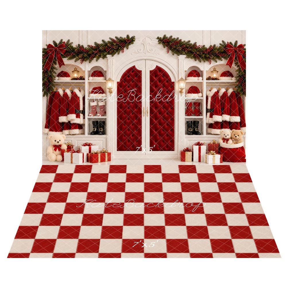 Kate Christmas Red Santa Claus Closet Arch Printed Backdrop+Red White Checkerboard Floor Printed Backdrop